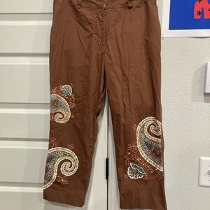 Paisley Embroidered Brown Capris